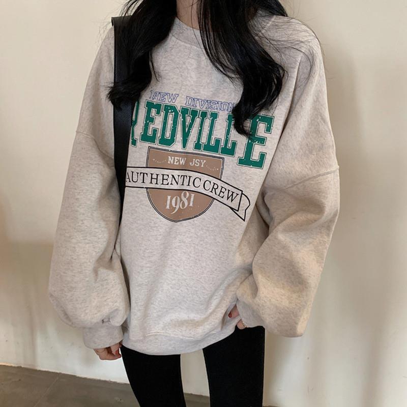加绒加厚宽松圆领长袖卫衣女装秋冬新款韩版学生外套上衣女装