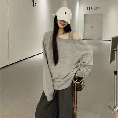 美式斜肩露肩宽松套头长袖卫衣女 2025设计感辣妹宽松ins秋季上衣