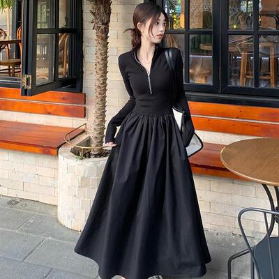 chic设计感针织拼接连衣裙女春秋季新款收腰显瘦气质长袖大摆裙