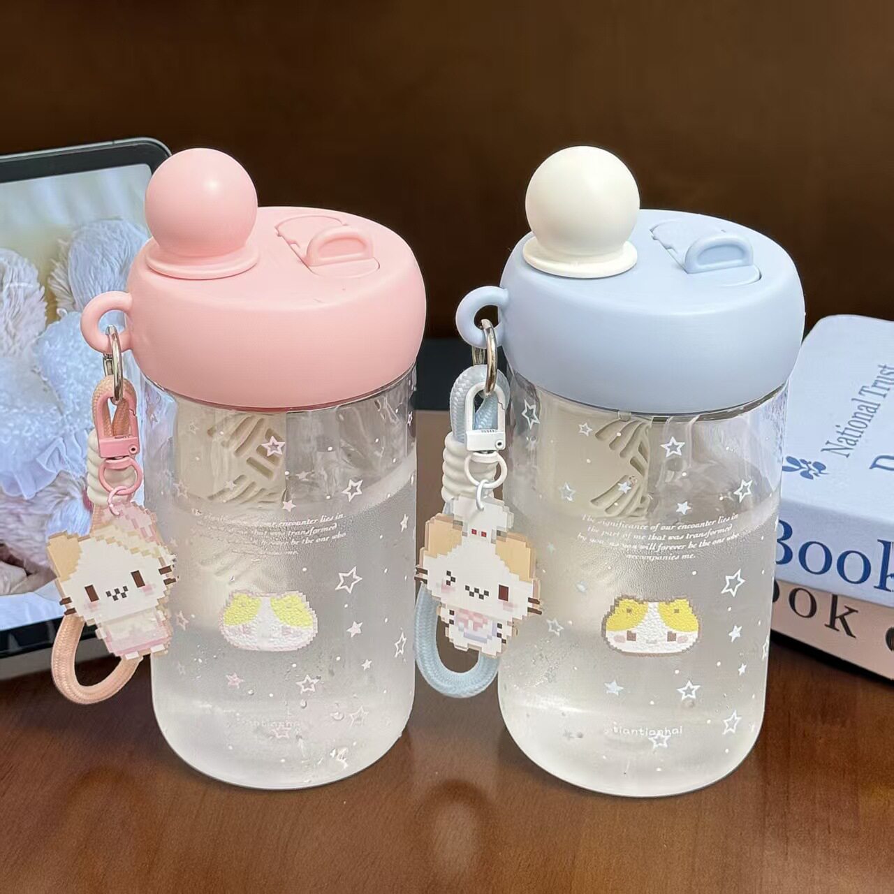 可爱ins卡通双饮塑料杯猫咪女生高颜值带茶隔便携随手吸管水杯夏