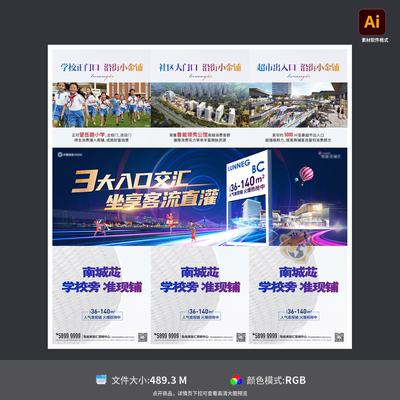 商业三宫格商铺加推长图海报房地产蓝金高端设计AI模板素材库