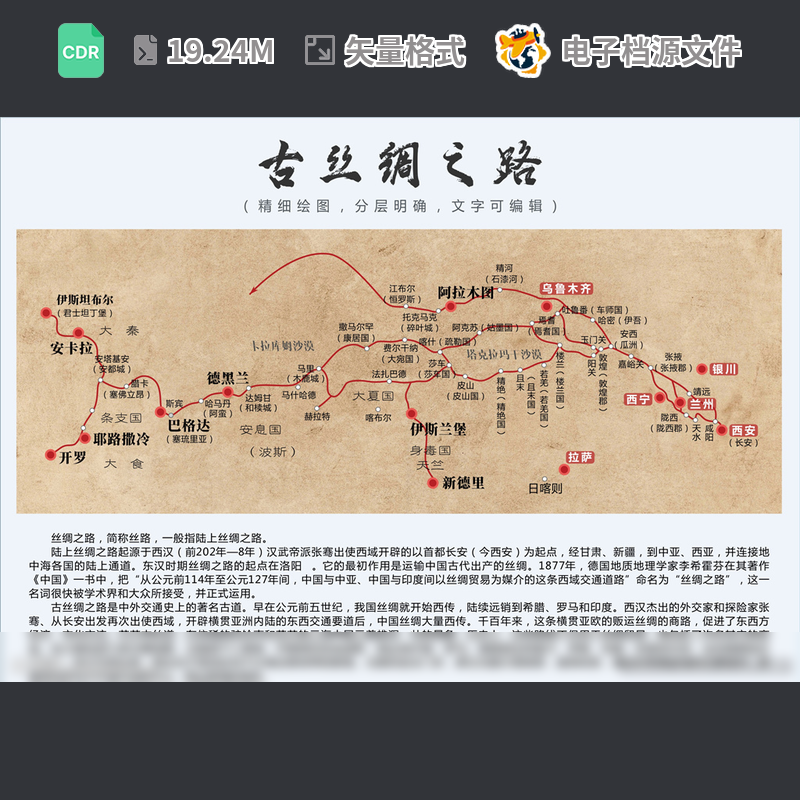 古代丝绸之路线图商业贸易设计一带其他旅游欧亚CDR模板素材