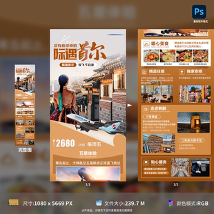 韩国首尔旅游海报专题设计长图旅行航班美食图书馆PSD模板素材