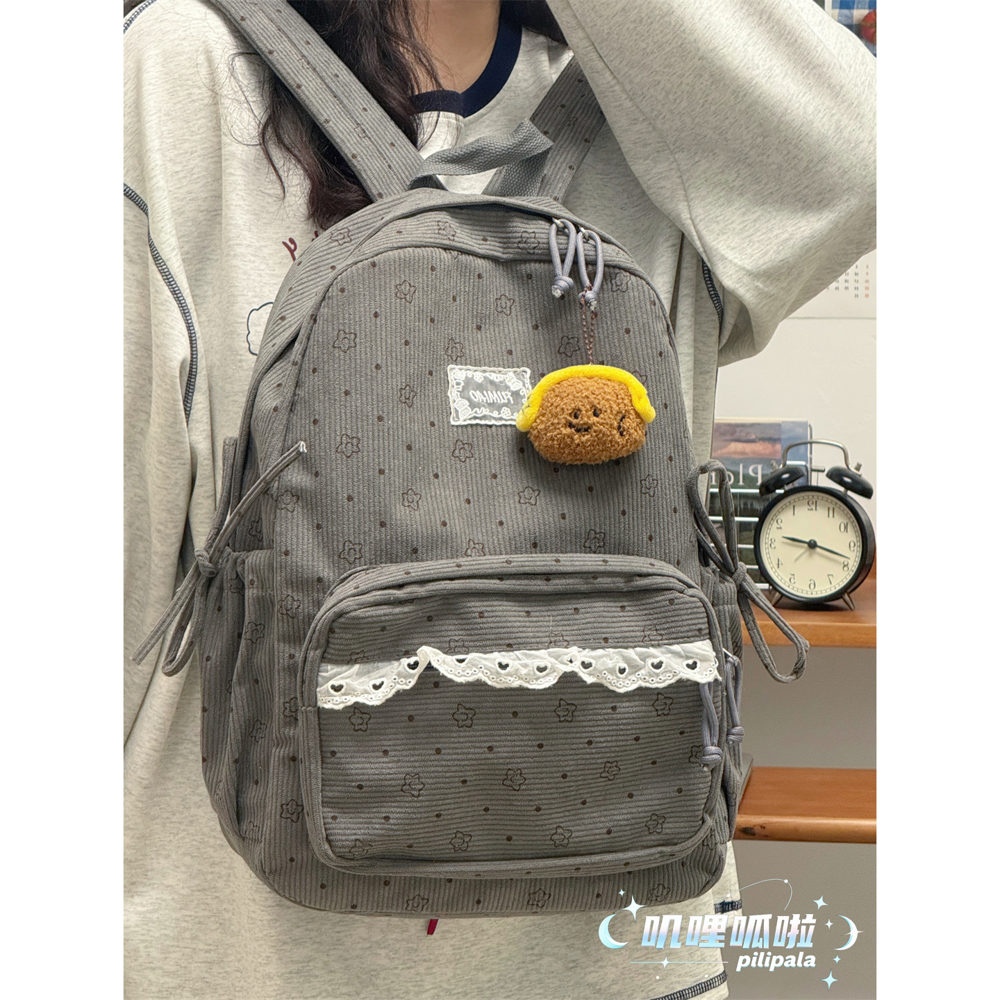 日系ins风秋冬复古灯芯绒双肩包 可爱少女心学生书包百搭旅行背包