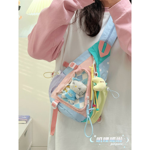日系多巴胺撞色运动斜挎包可爱少女百搭痛包娃包轻便单肩双肩背包