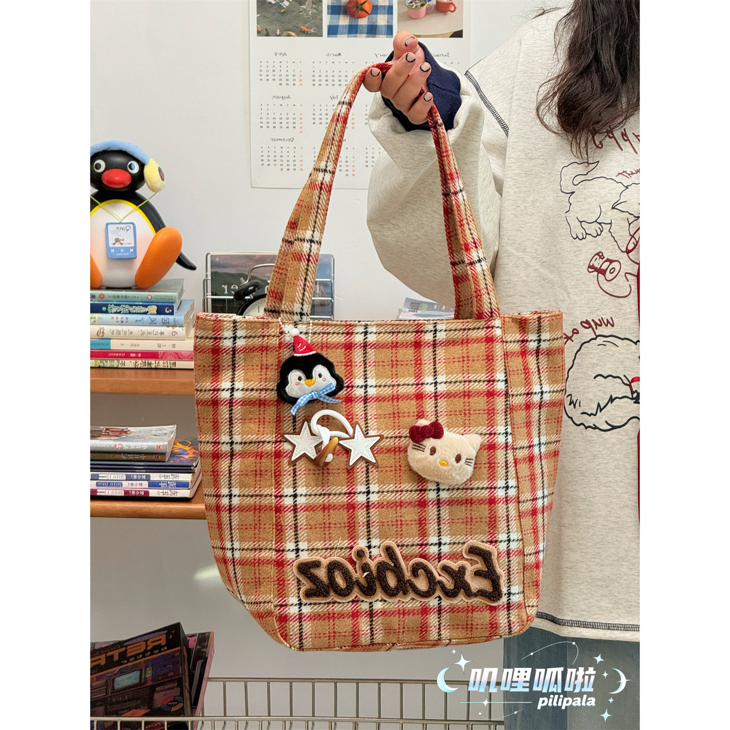 日系复古卡通托特包秋冬毛呢休闲单肩包少女日常通勤大容量手提袋,箱包皮具/热销女包/男包,托特包,淘宝优惠券,粉丝福利购,淘宝优惠卷