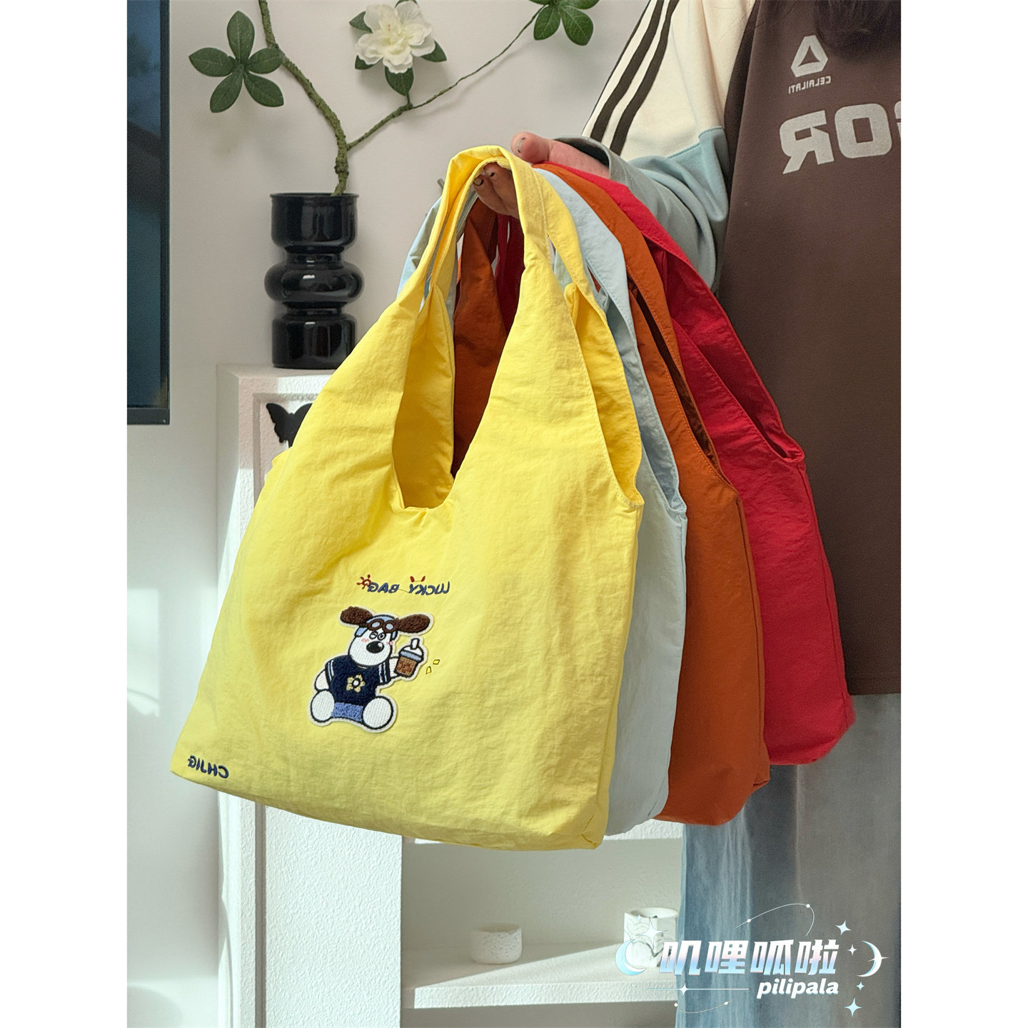 叽哩呱啦可爱卡通刺绣小狗托特包学生百搭通勤补课手提袋单肩包女