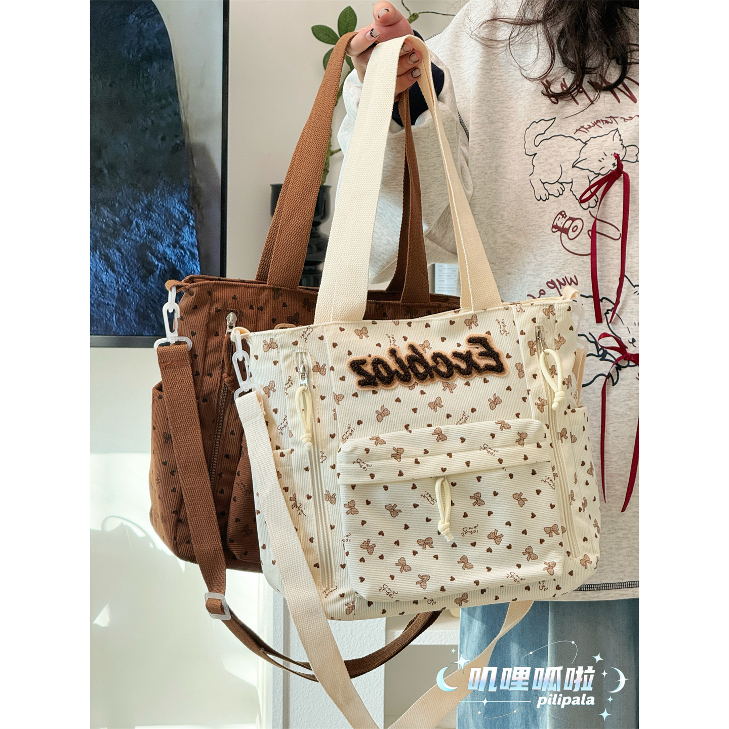 日系ins少女心蝴蝶结斜挎包 学生通勤手提补课袋秋冬灯芯绒单肩包