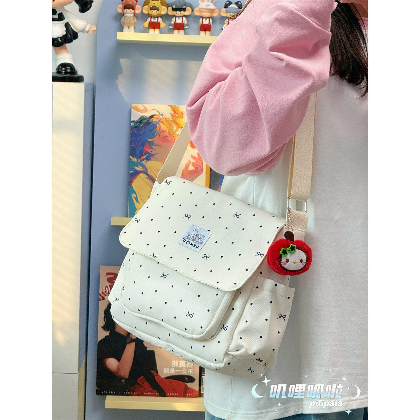 小清新波点斜挎包女学生大容量补课单肩包百搭学院风纯色邮差包女