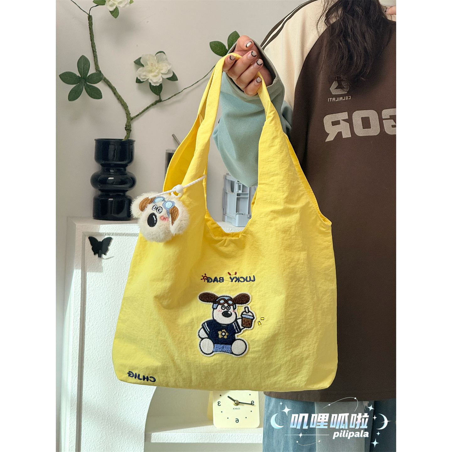 大容量纯色刺绣小狗单肩包手提袋