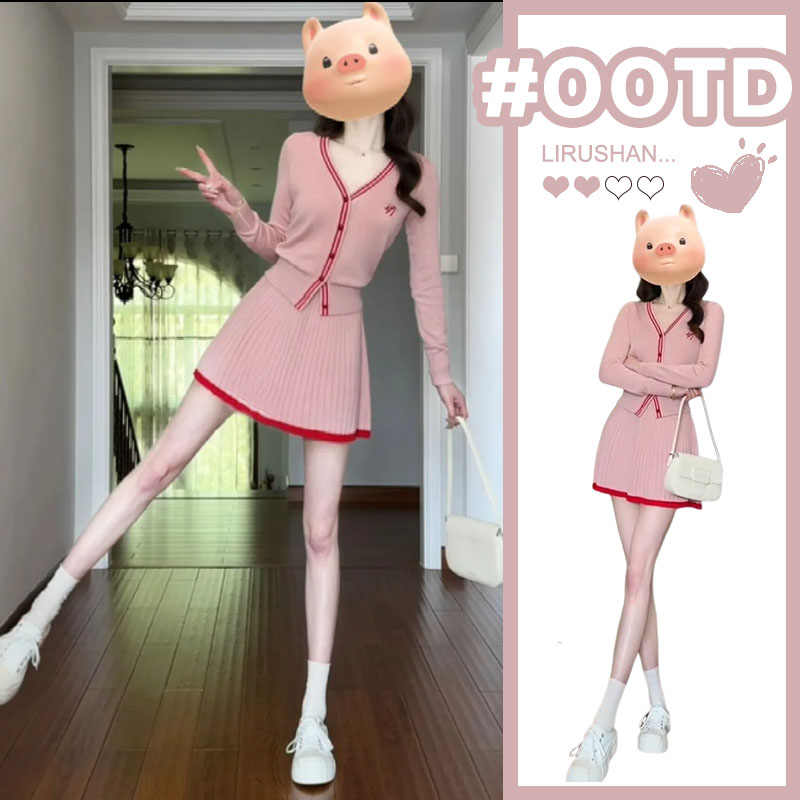 多巴胺掐腰裙粉色连衣裙子女装2025新款开春气质穿搭针织短裙套装