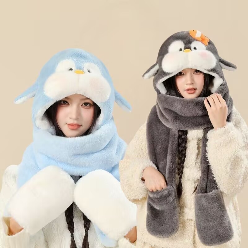 冬季新款女可爱卡通企鹅帽子围巾手套三件套一体加厚骑车保暖防寒,服饰配件/皮带/帽子/围巾,三件套,淘宝优惠券,粉丝福利购,淘宝优惠卷