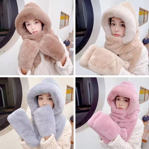 帽子围巾手套三合一韩版冬季加厚保暖大毛领围脖连体帽三件套成人