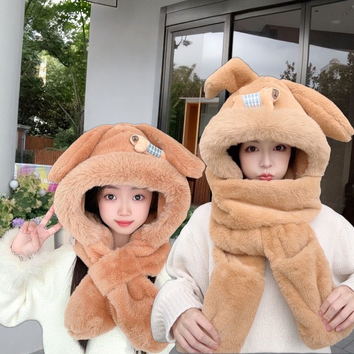 冬季新款可爱狗骨头帽子围巾一体加厚保暖防风围脖耳朵会动三合一