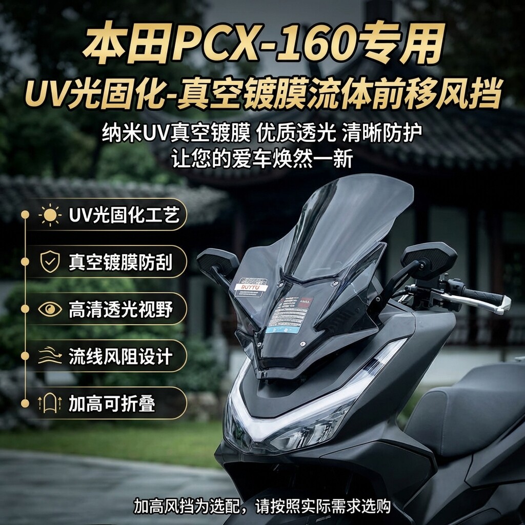 适用本田PCX160后视镜前移风挡UV光固化真空镀膜防晒耐刮花改装件