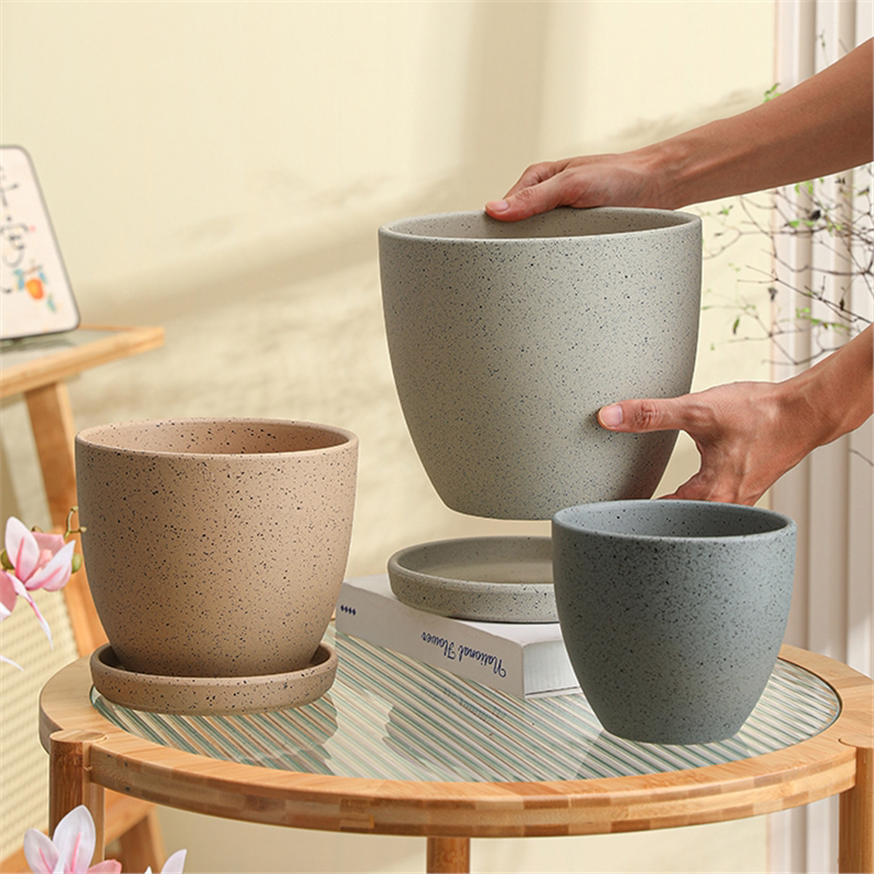 陶瓷花盆家用透气带托盘客厅简约粗陶仙人球创意长寿花发财树盆栽