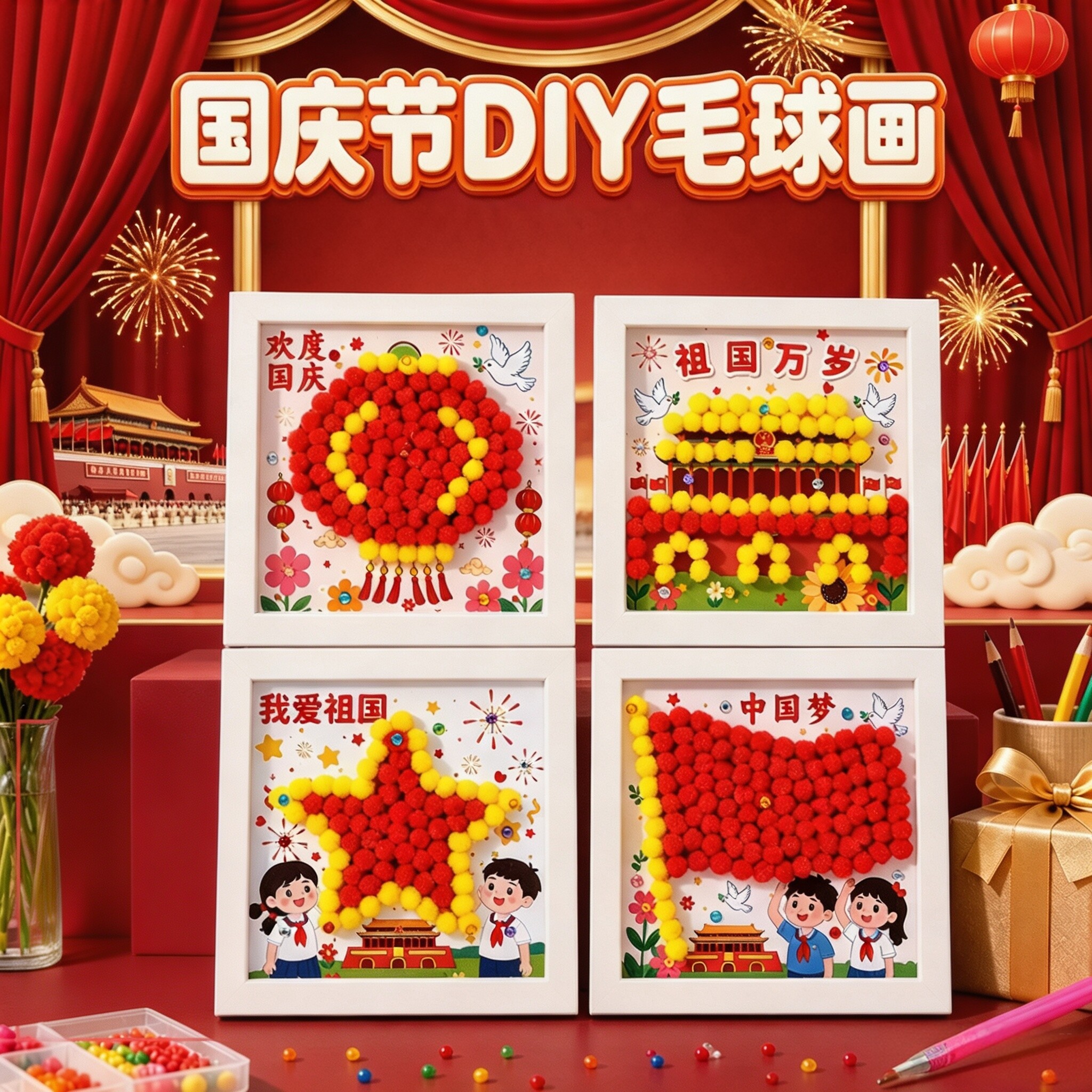 国庆节手工diy毛球粘贴画图片