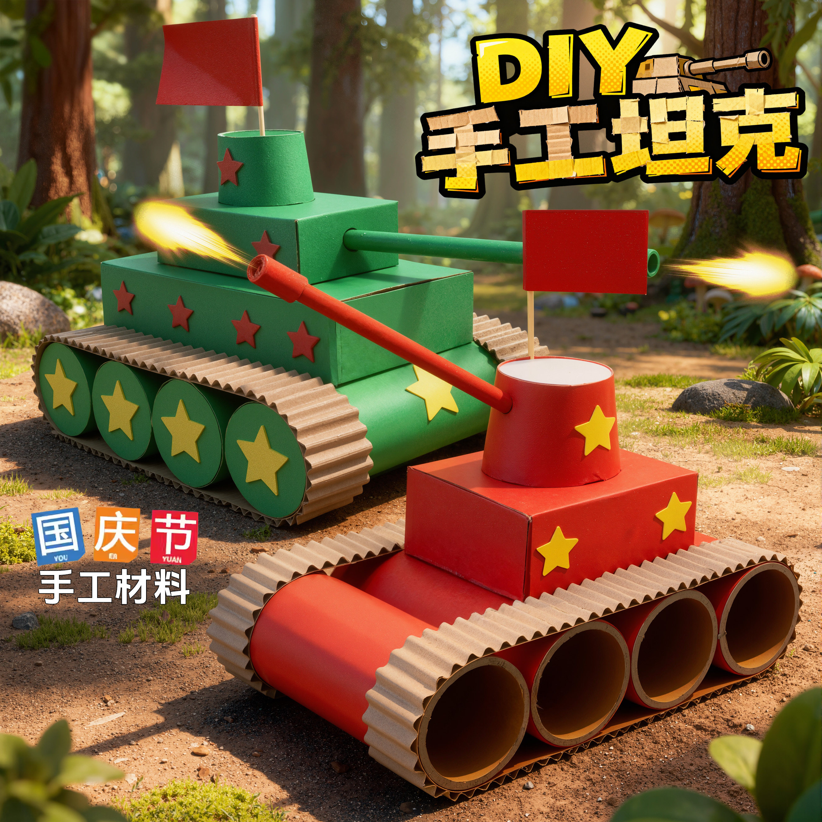 国庆节幼儿园手工diy坦克废物利用爱国创意立体作品材料包半成品