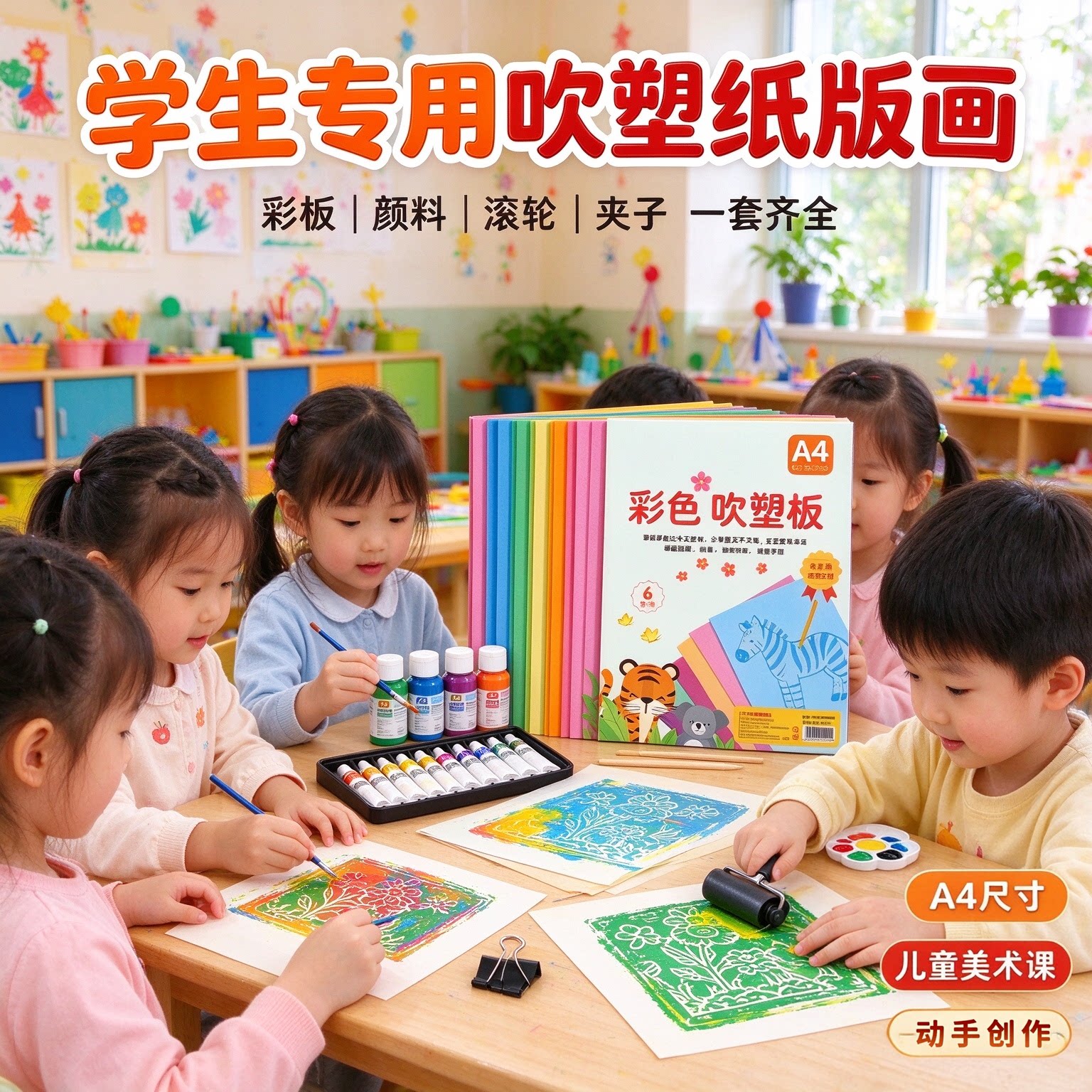 A4吹塑纸板版画套装小学初中生板画美术课专用彩色加厚4mm高密度白色吹塑板拓印工具泡沫板卡纸油墨丙烯材料3