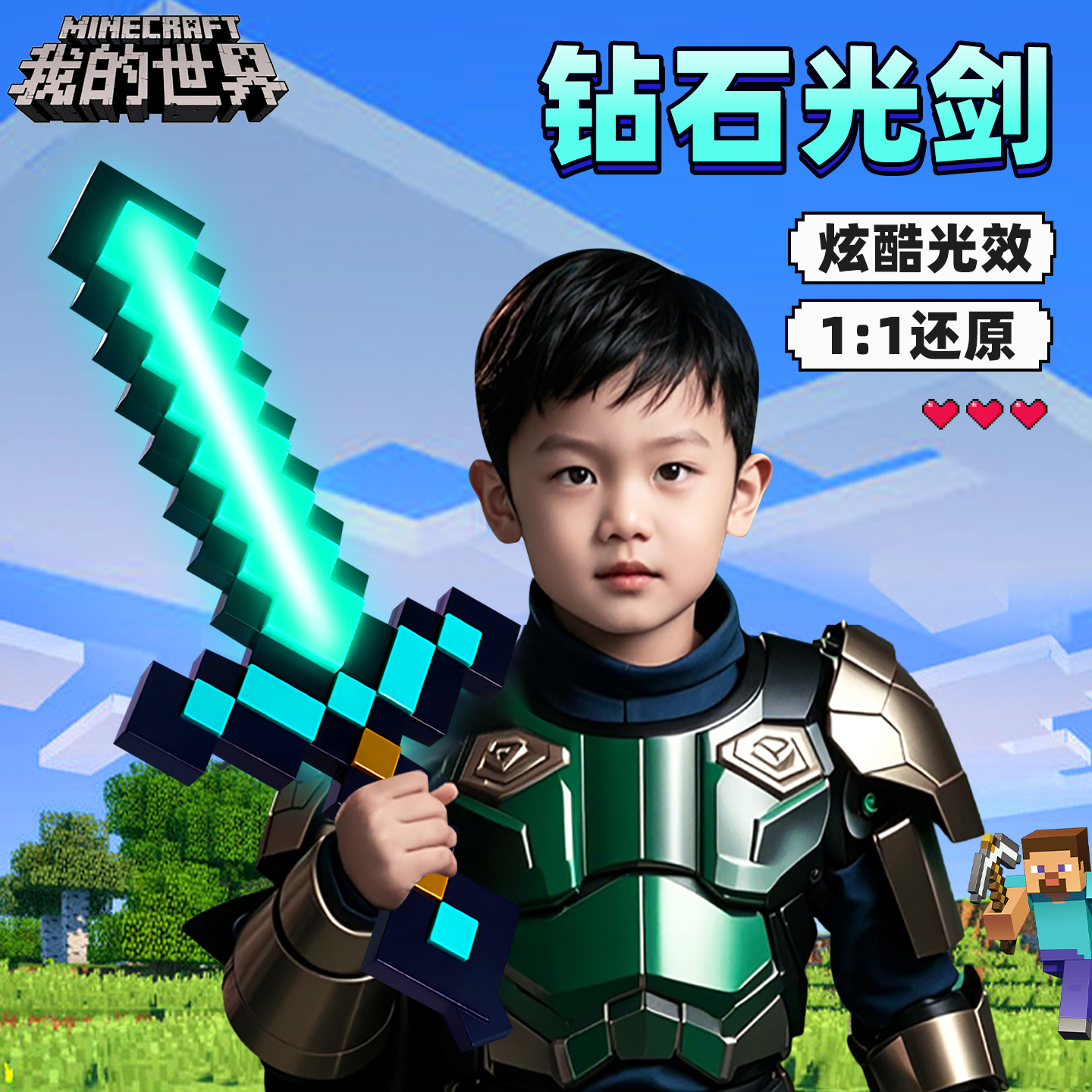 我的世界七色钻石宝剑像素MC儿童男孩发光玩具手办Minecraft周边