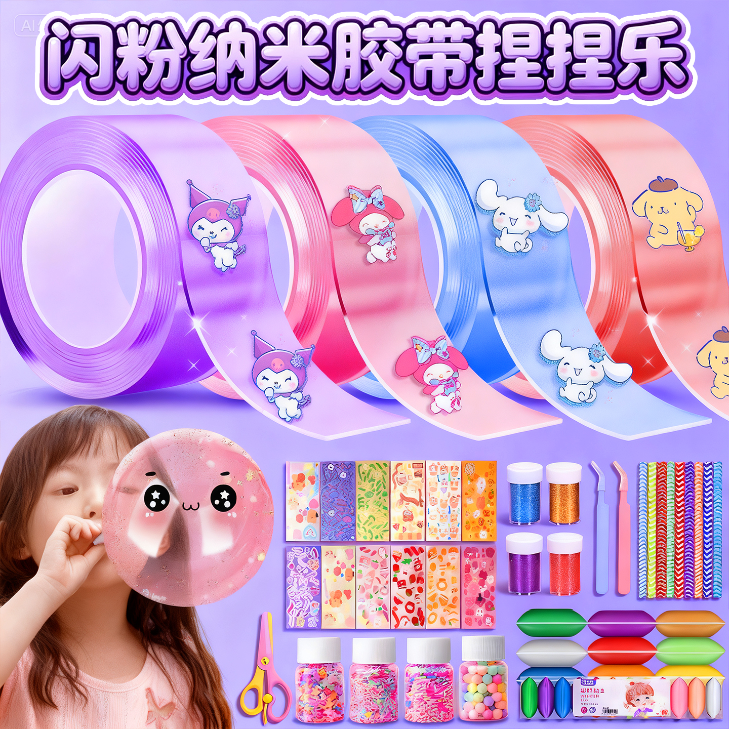 纳米吹泡泡胶带2025新款儿童女孩手持泡泡玩具套装无毒闪粉捏捏乐