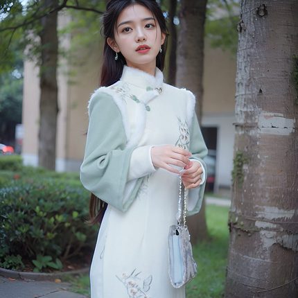 新中式改良复古国风绣花旗袍秋冬季加绒加厚假两件少女新年连衣裙