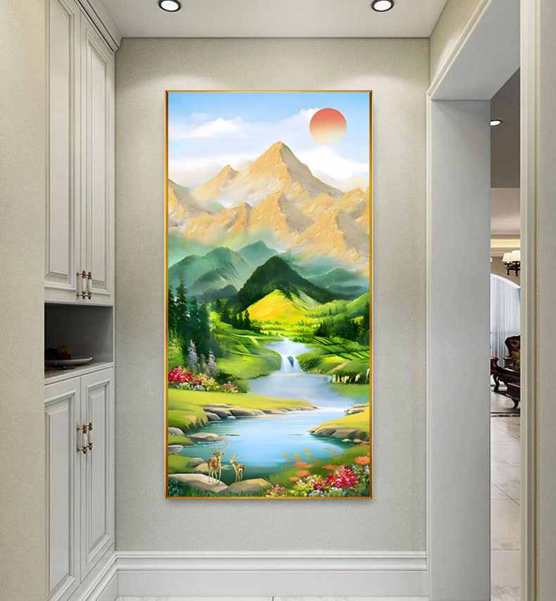 青山绿水挂画东西墙客厅玄关装饰画日照金山聚宝盆绿色风景背景图