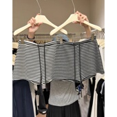 广州十三行高端爆款 高腰系带显瘦包臀A字条纹撞色半身短裤 女潮