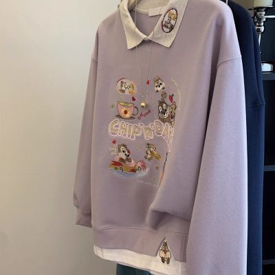 浅紫刺绣polo翻领卫衣女早秋季新款假两件卡通减龄套头小个子上衣