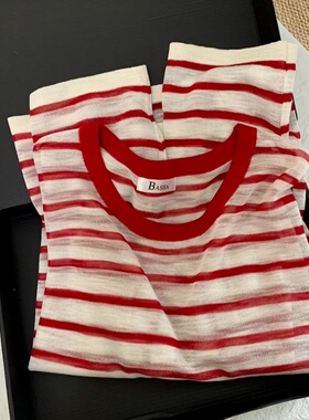 南油系列清货！法式设计感红色条纹防晒罩衫t恤女夏新款长袖上衣
