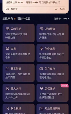 B站 bili 哔哩 up主 权益直升lv3(含创作激励联创花火等12项服务)