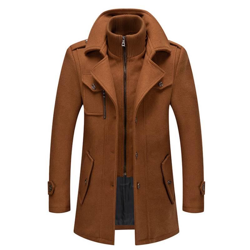 Men Woolen Overcoat Double Collar Casual Trench Coat Male