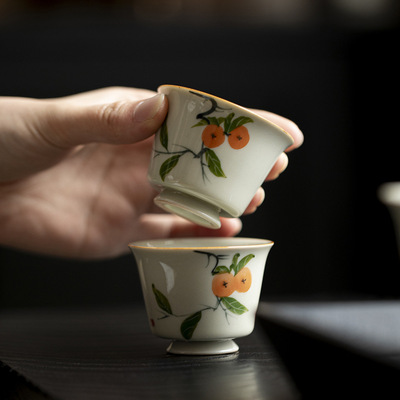手绘柿柿如意主人杯品茗杯高足杯宽口功夫茶具单杯大容量家用茶杯