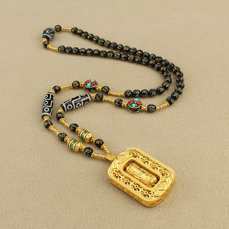 沙金色吊坠唐卡配链可拆卸长款项链六字箴言玛瑙天珠高档复古链条