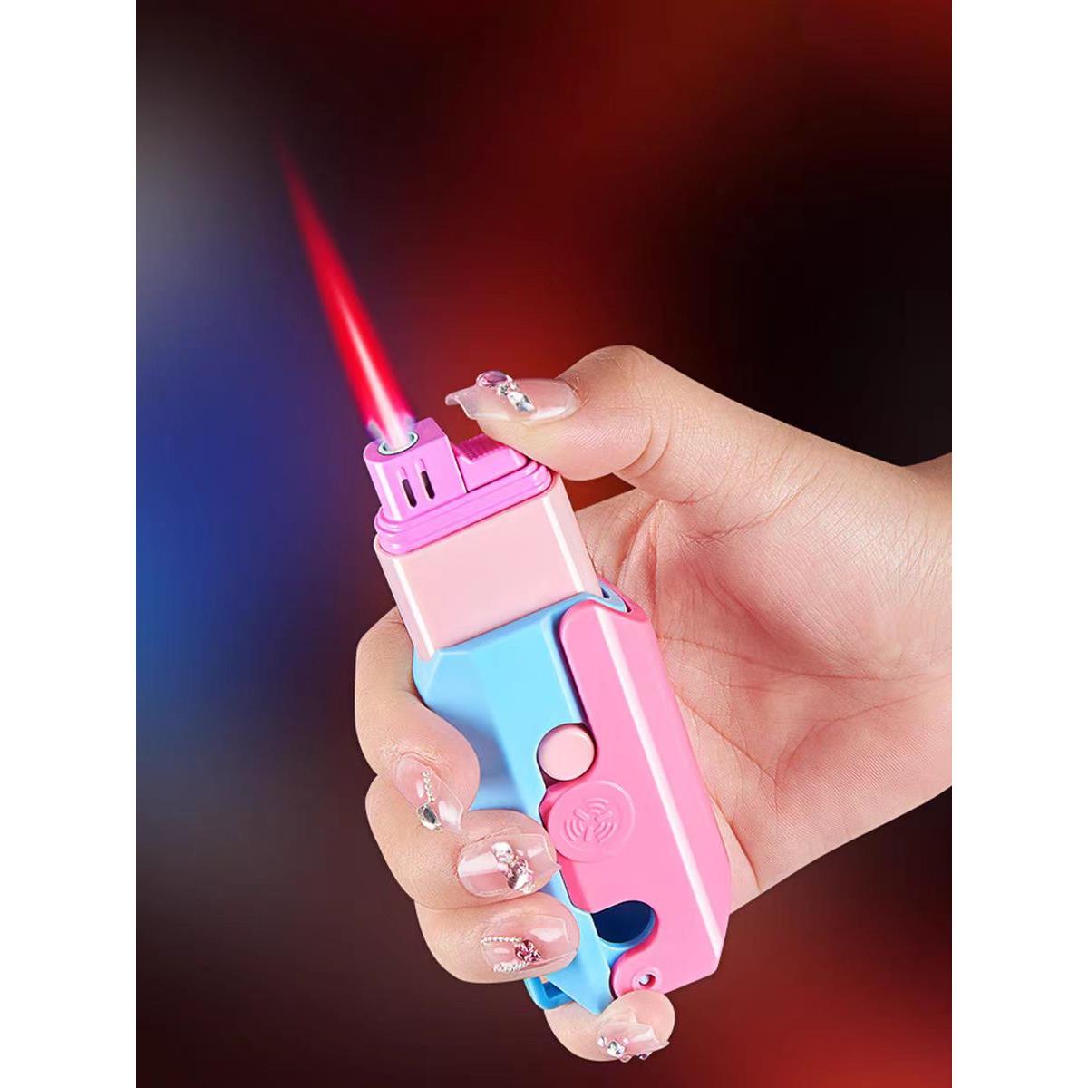 2024网红防风粉红色火焰萝卜刀打火机可伸缩创意个性充气式送男友