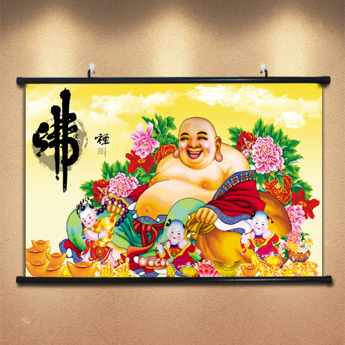 2021弥a勒佛画像挂画大肚能容笑口常开佛像挂轴画西天佛神像欢喜
