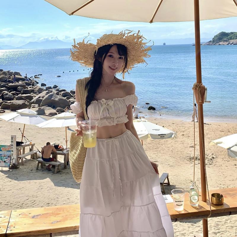 BLLOUKE泰国海岛旅行拍照度假风套装白色超仙女泡泡袖上衣半身长