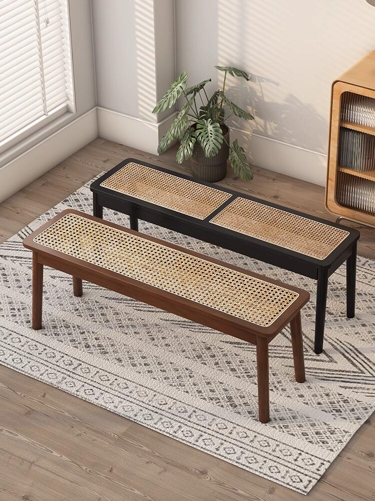 藤编长条凳昌迪加尔椅日式原木设计师长板凳实木家用床尾凳换鞋凳