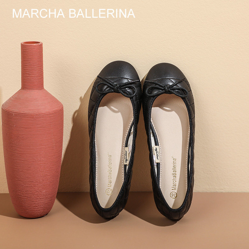 marcha ballerina/玛沙芭蕾圆头蝴蝶结平底单鞋浅口黑小香风百搭