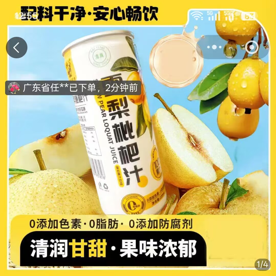 盛莱德雪梨枇杷汁无添加色素0脂肪清润甘甜解渴100%复合浓缩果汁