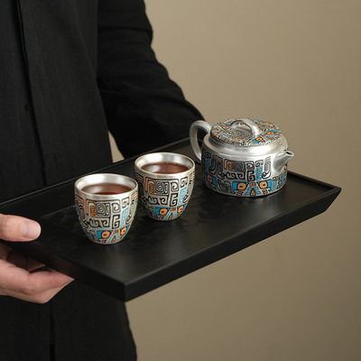 鎏银青花茶具一壶二杯陶瓷功夫茶具泡茶壶茶杯整装轻奢高档礼盒装