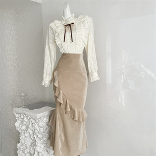 拾依集旧梦庄园法式千金感加绒款衬衫+设计感不规则鱼尾半身裙潮