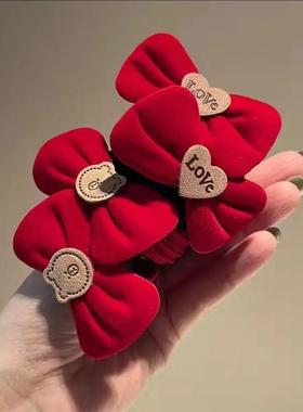 新年酒红丝绒蝴蝶结头绳皮筋头饰发圈后脑勺氛围感碎红色喜庆发饰