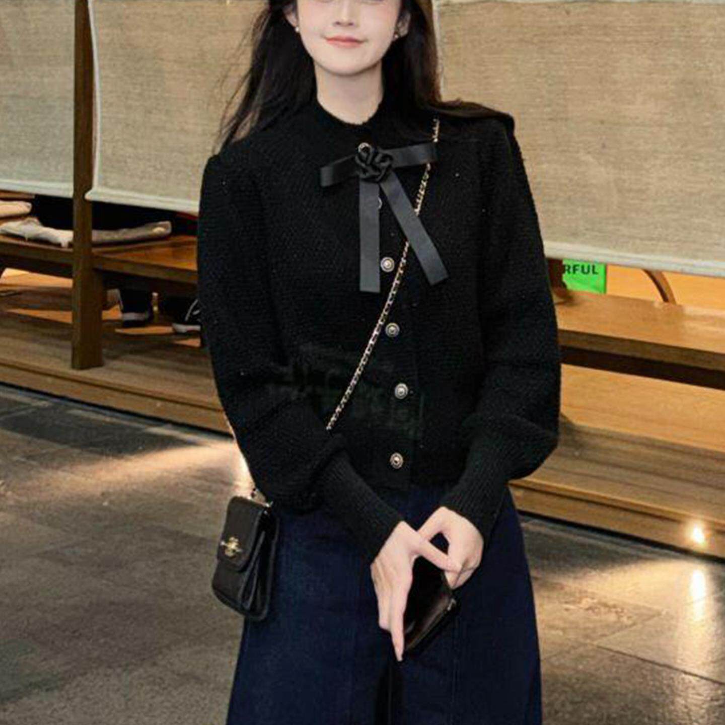 JOYIASS黑色小香风蝴蝶结毛衣开衫女2025新款秋冬季高级感超好看