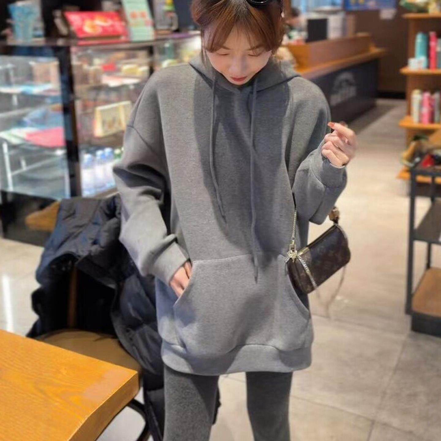 JOYIASS慵懒风灰色连帽长袖卫衣女2025新款秋冬季中长款上衣女遮