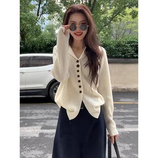 JOYIASS慵懒风粉色翻领长袖针织开衫女2025新款秋季穿搭时尚洋气