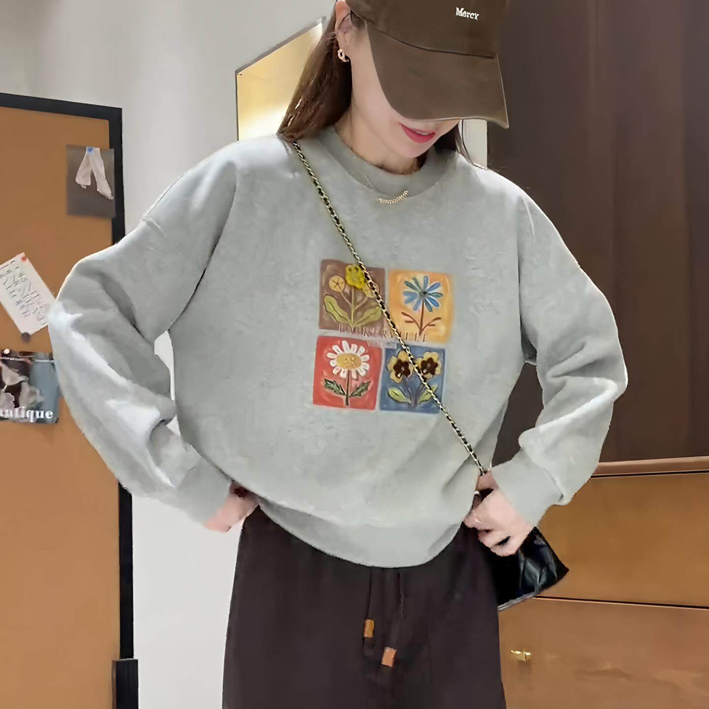 JOYIASS灰色圆领印花无帽卫衣女2025新款秋冬季爆款时尚洋气减龄