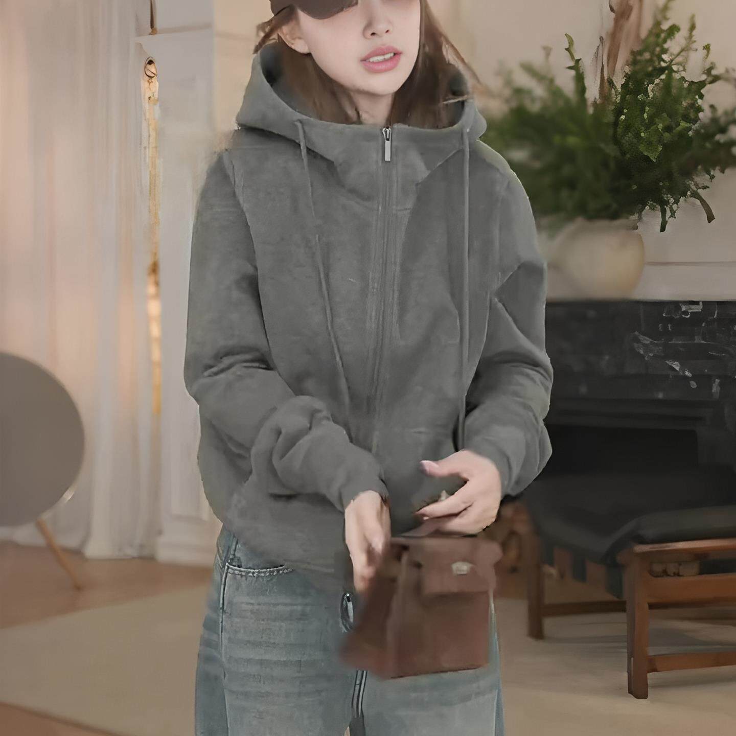 JOYIASS灰色连帽拉链卫衣外套女款2025新款秋冬季慵懒风帽衫时尚