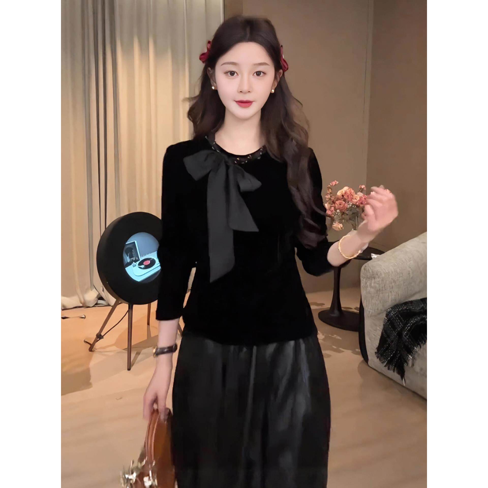 JOYIASS黑色丝绒蝴蝶结长袖衬衫女2025新款春秋季轻奢高级感法式