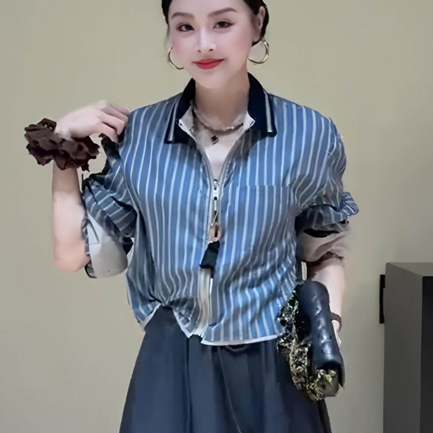 JOYIASS蓝色条纹长袖衬衫拉链外套女2025新款高级感轻奢减龄洋气
